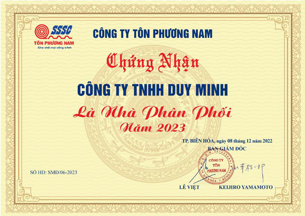 Chứng nhận phân phối - Tôn Duy Minh - Công Ty TNHH Duy Minh