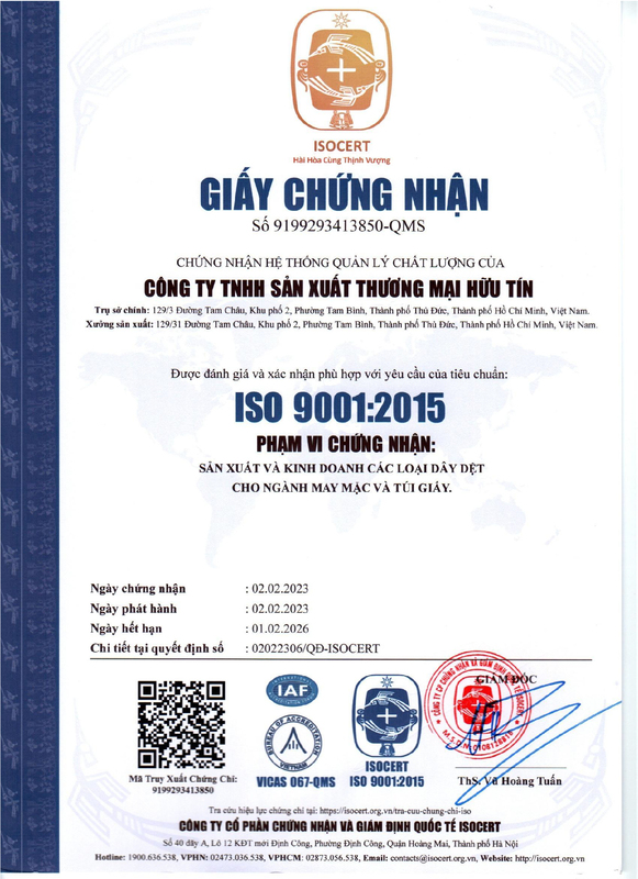 Chứng nhận ISO 9001:2015 - Dây Dệt Hữu Tín - Công Ty TNHH Sản Xuất Thương Mại Hữu Tín