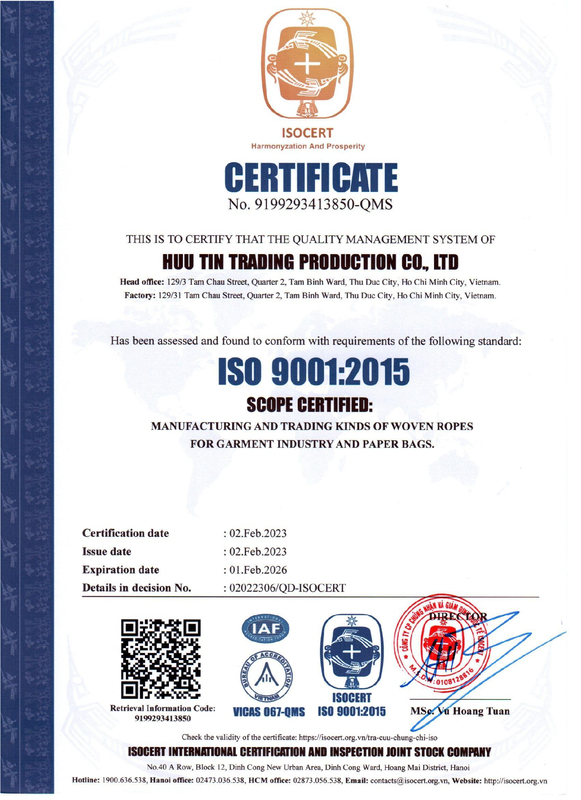Chứng nhận ISO 9001:2015 - Dây Dệt Hữu Tín - Công Ty TNHH Sản Xuất Thương Mại Hữu Tín