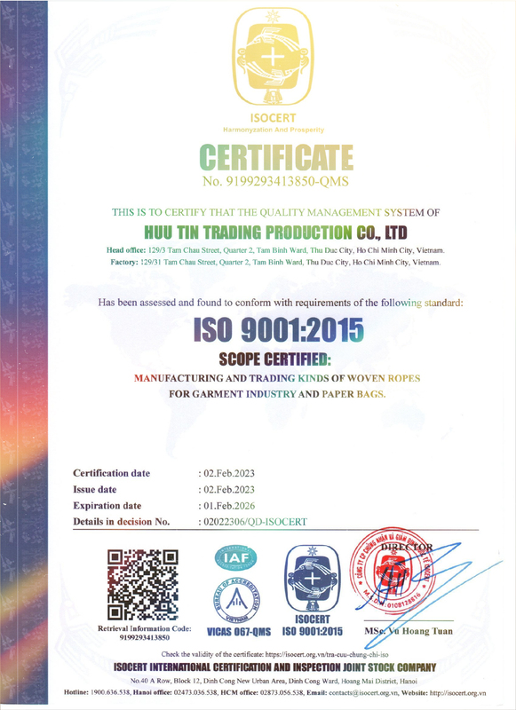 Chứng nhận ISO 9001:2015 - Dây Dệt Hữu Tín - Công Ty TNHH Sản Xuất Thương Mại Hữu Tín