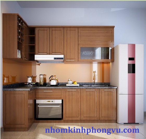 Tủ bếp nhôm kính vân gỗ TBNK02 - Nhôm Kính Phong Vũ - Công Ty TNHH SX - DV - TM Phong Vũ
