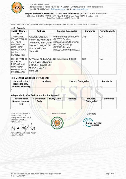 Chứng nhận GSCS - Nguyên Phụ Liệu May Mặc An Vinh - Công Ty TNHH Sản Xuất Thương Mại Xuất Nhập Khẩu An Vinh