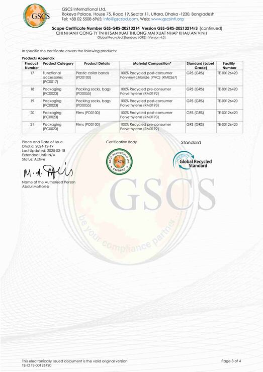 Chứng nhận GSCS - Nguyên Phụ Liệu May Mặc An Vinh - Công Ty TNHH Sản Xuất Thương Mại Xuất Nhập Khẩu An Vinh