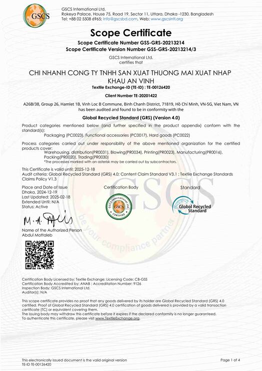 Chứng nhận GSCS - Nguyên Phụ Liệu May Mặc An Vinh - Công Ty TNHH Sản Xuất Thương Mại Xuất Nhập Khẩu An Vinh