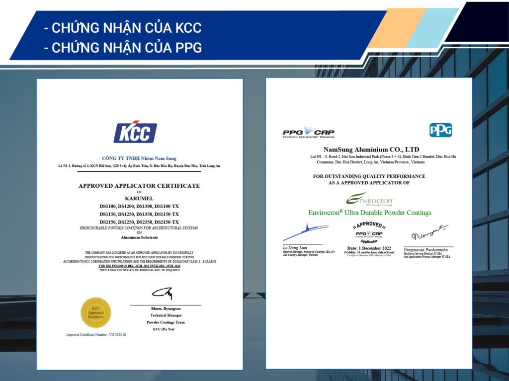 Chứng nhận của KCC - PPG - Nhôm Nam Sung - Công Ty TNHH Nhôm Nam Sung