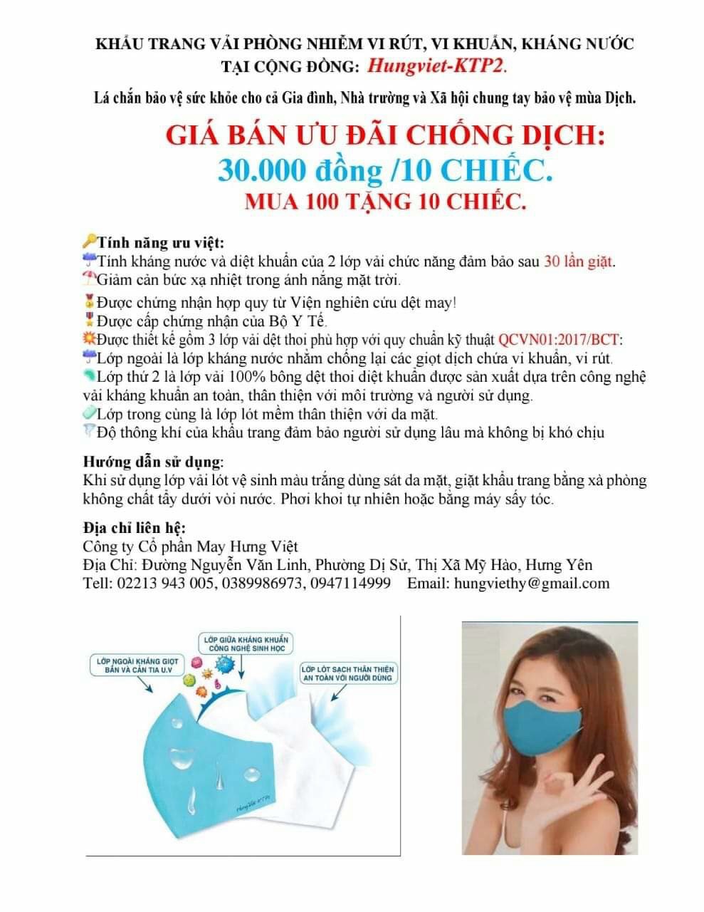 Khẩu trang kháng khuẩn, kháng nước - May Hưng Việt - Công Ty Cổ Phần May Hưng Việt