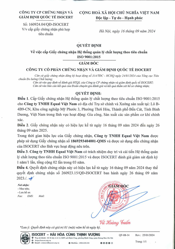 Chứng nhận ISO 9001:2015 - Cơ Khí EQUAL - Công Ty TNHH EQUAL Việt Nam