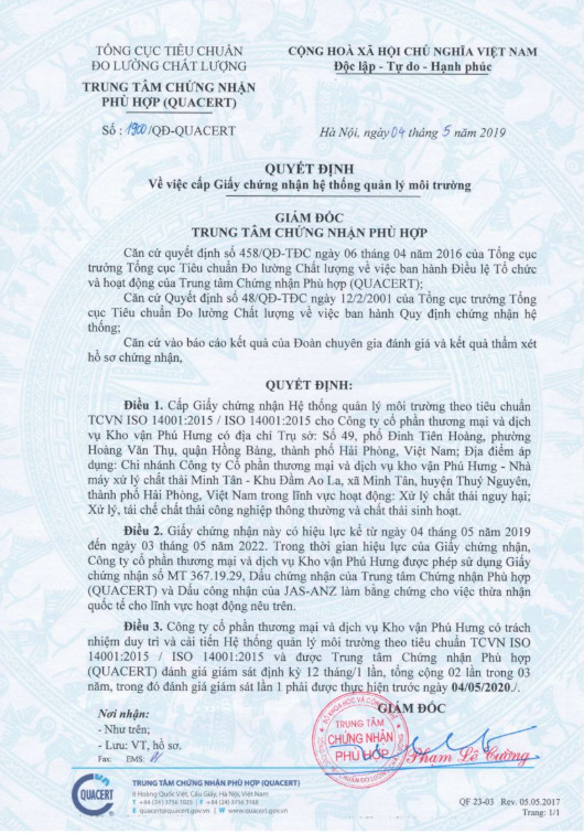 Chứng nhận - Xử Lý Chất Thải Minh Tân - Công Ty Cổ Phần Thương Mại Và Dịch Vụ Kho Vận Phú Hưng