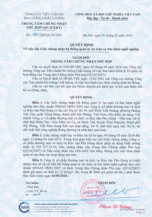 Chứng nhận - Xử Lý Chất Thải Minh Tân - Công Ty Cổ Phần Thương Mại Và Dịch Vụ Kho Vận Phú Hưng