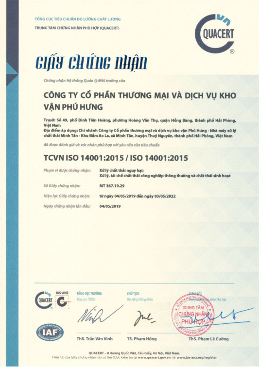 Chứng nhận ISO 14001:2015 - Xử Lý Chất Thải Minh Tân - Công Ty Cổ Phần Thương Mại Và Dịch Vụ Kho Vận Phú Hưng