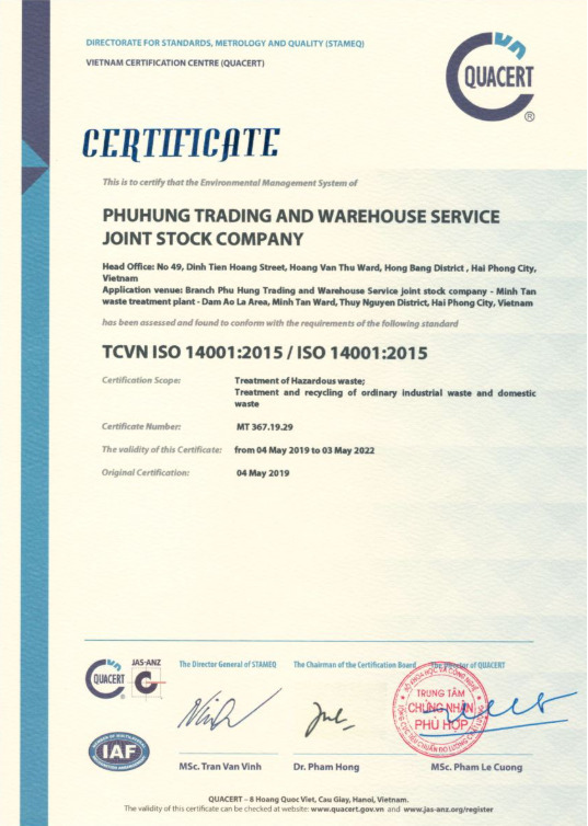 Chứng nhận ISO 14001:2015 - Xử Lý Chất Thải Minh Tân - Công Ty Cổ Phần Thương Mại Và Dịch Vụ Kho Vận Phú Hưng