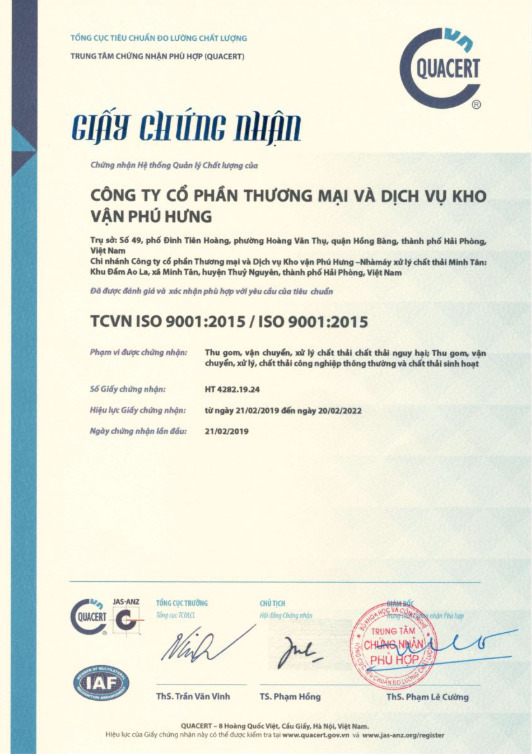 Chứng nhận ISO 9001:2015 - Xử Lý Chất Thải Minh Tân - Công Ty Cổ Phần Thương Mại Và Dịch Vụ Kho Vận Phú Hưng