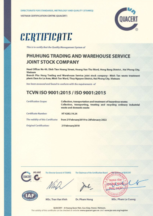 Chứng nhận ISO 9001:2015 - Xử Lý Chất Thải Minh Tân - Công Ty Cổ Phần Thương Mại Và Dịch Vụ Kho Vận Phú Hưng