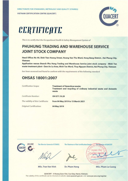 Chứng nhận OHSAS 18001:2007 - Xử Lý Chất Thải Minh Tân - Công Ty Cổ Phần Thương Mại Và Dịch Vụ Kho Vận Phú Hưng