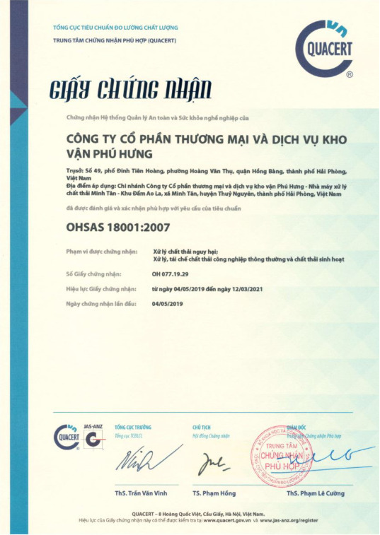 Chứng nhận OHSAS 18001:2007 - Xử Lý Chất Thải Minh Tân - Công Ty Cổ Phần Thương Mại Và Dịch Vụ Kho Vận Phú Hưng