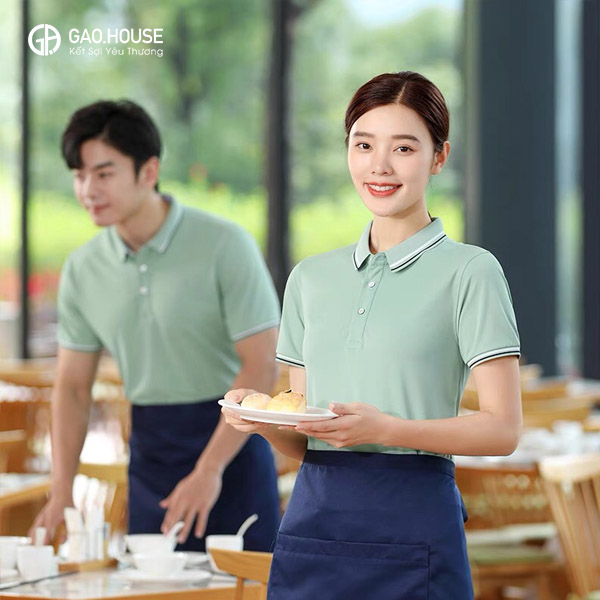 Mẫu áo đồng phục nhà hàng có cổ màu xanh thiên thanh