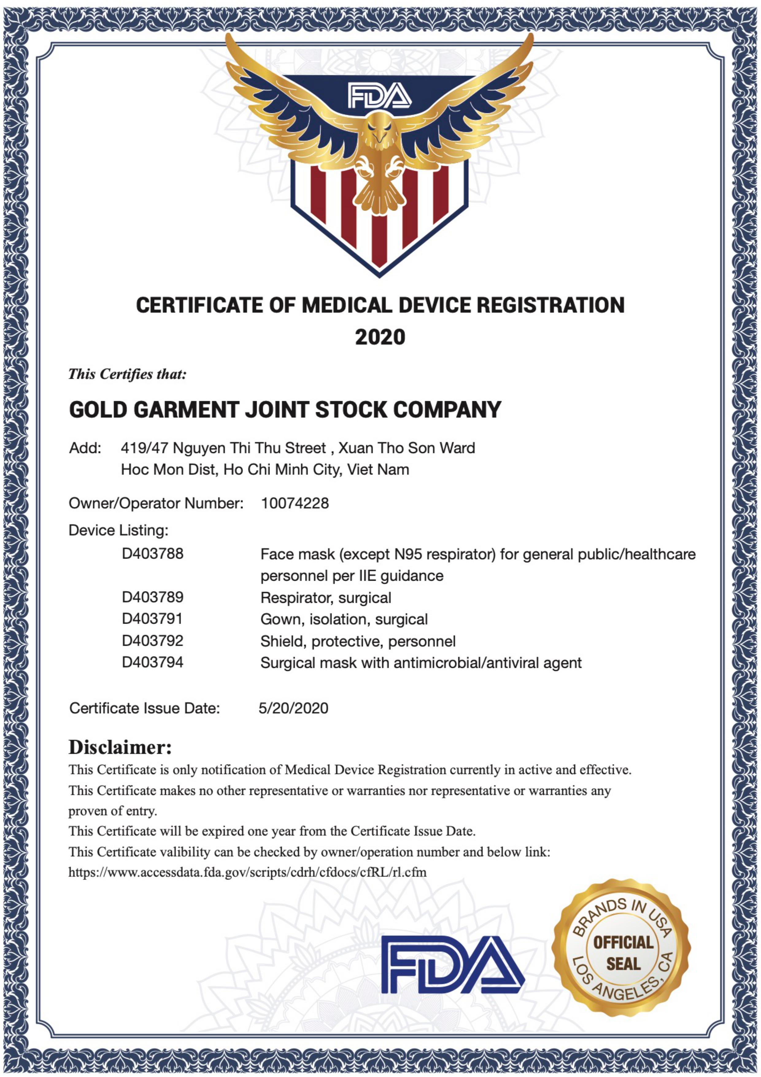 Chứng chỉ  chất lượng sản phẩm - Khẩu Trang Vải Gold Garment - Công ty CP Gold Garment