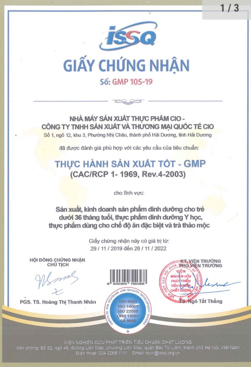 Chứng nhận - Sữa Bột Hilac - Công Ty TNHH Thương Mại & Dược Phẩm Quốc Tế Thành Phát