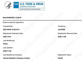 Chứng nhận FDA Registered Facility - Thủ Công Mỹ Nghệ Oceans Republic - Công Ty TNHH Oceans Republic