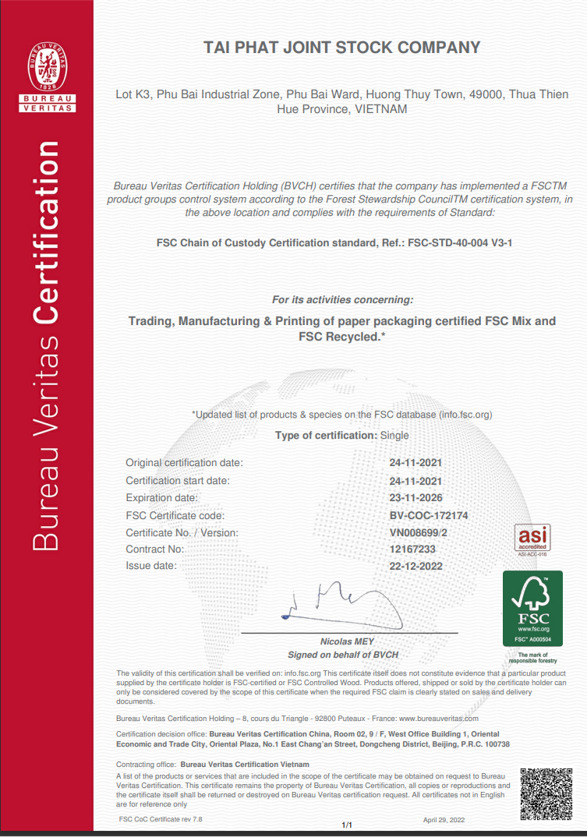 Chứng nhận FSC - Thùng Carton Tài Phát - Công Ty Cổ Phần Tài Phát
