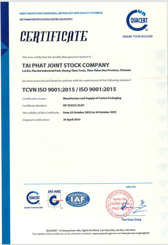 Chứng nhận ISO 9001:2015 - Thùng Carton Tài Phát - Công Ty Cổ Phần Tài Phát