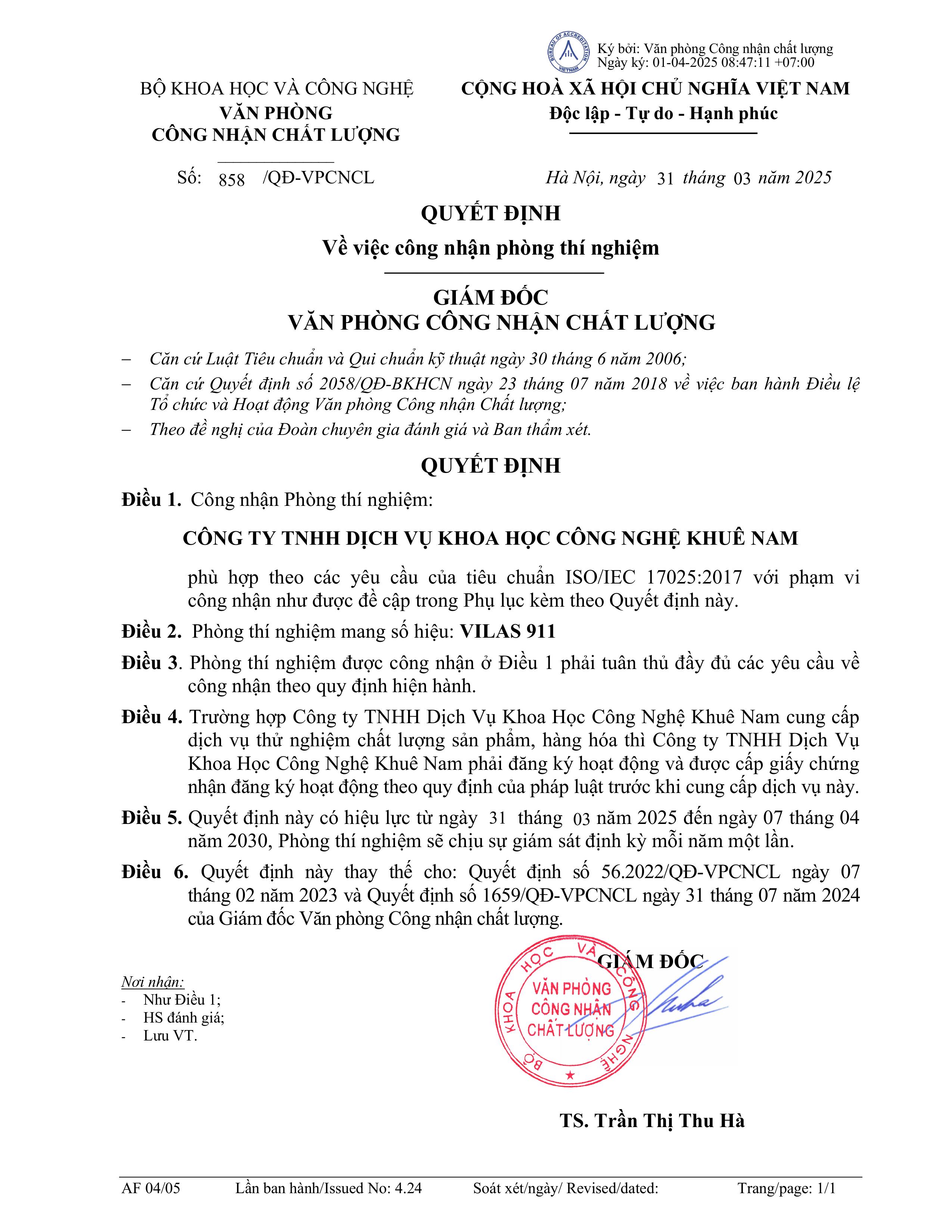 Quyết định - Kiểm Nghiệm Khuê Nam - Công Ty TNHH Dịch Vụ Khoa Học Công Nghệ Khuê Nam