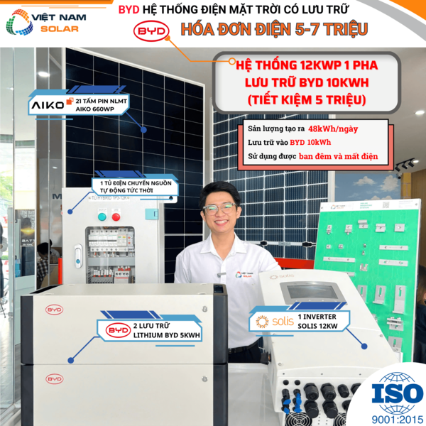 Lắp BYD hệ thống điện mặt trời 12kwp lưu trữ 10kwh - Điện Năng Lượng Mặt Trời Việt Nam Solar - Công Ty TNHH Việt Nam Solar