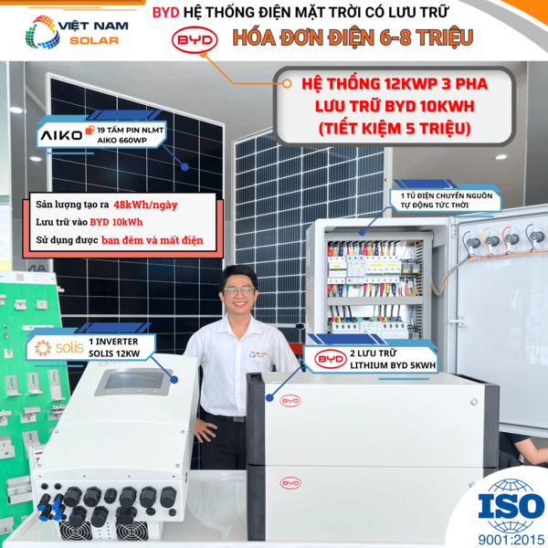 Lắp BYD hệ thống điện mặt trời 12kwp lưu trữ 10kwh - Điện Năng Lượng Mặt Trời Việt Nam Solar - Công Ty TNHH Việt Nam Solar