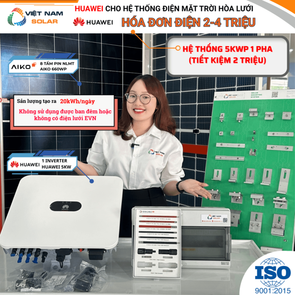 Lắp Huawei hệ thống điện mặt trời hòa lưới 5kwp - Điện Năng Lượng Mặt Trời Việt Nam Solar - Công Ty TNHH Việt Nam Solar