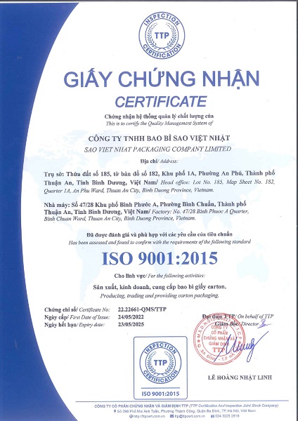 Chứng nhận ISO - Bao Bì Sao Việt Nhật - Công Ty TNHH Bao Bì Sao Việt Nhật