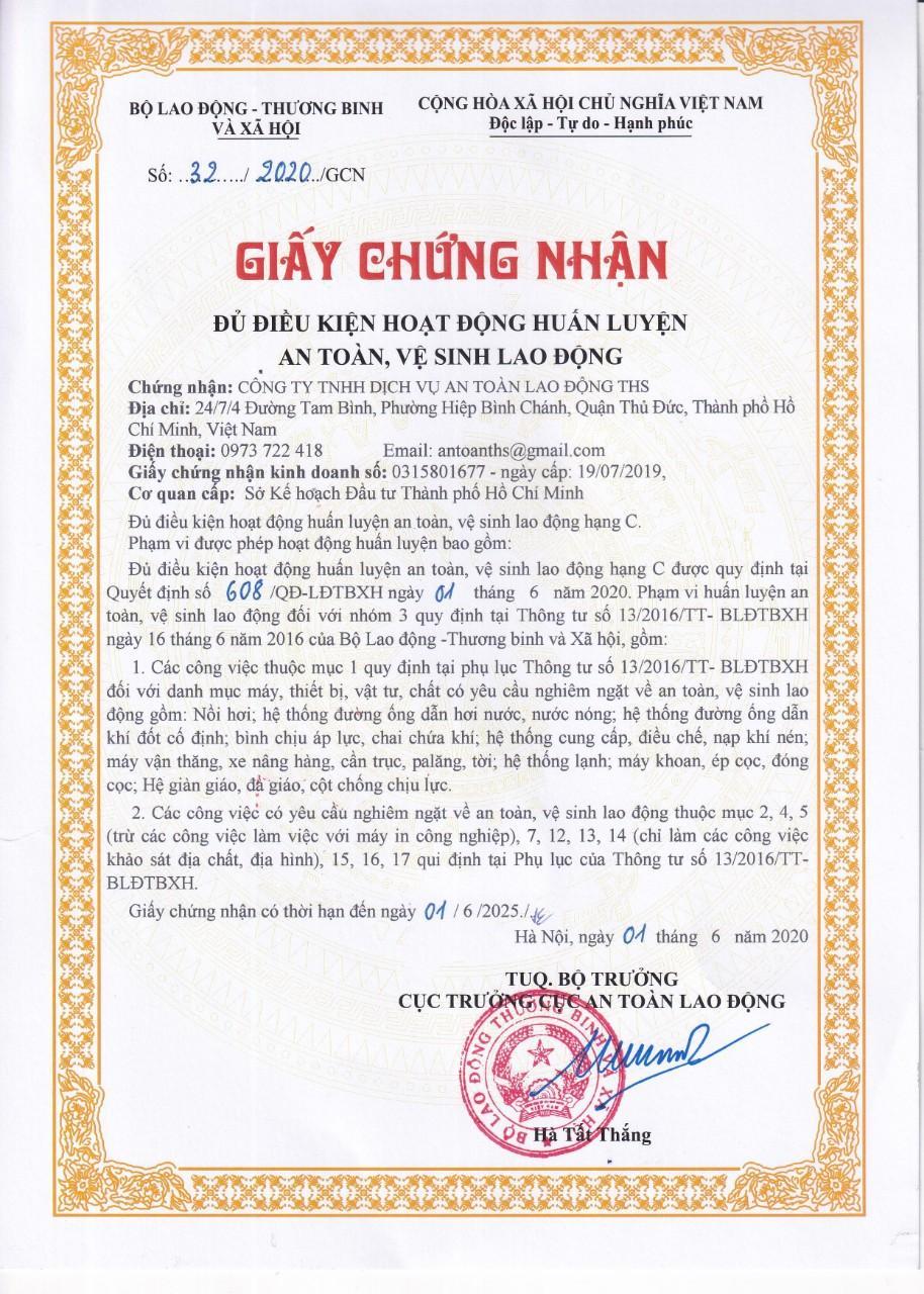 Chứng chỉ - Công Ty TNHH DV An Toàn Lao Động THS