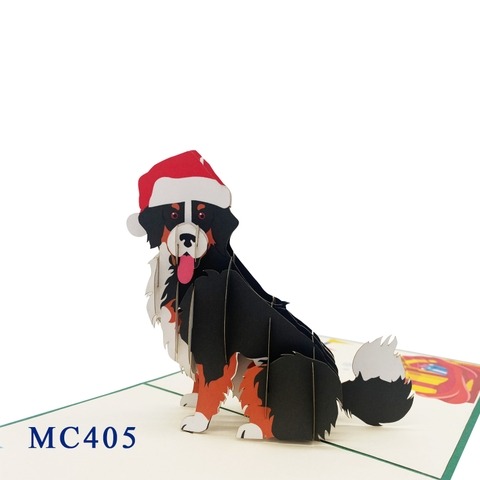 Thiệp 3D hình chó Bernese Mountain đội mũ Noel
