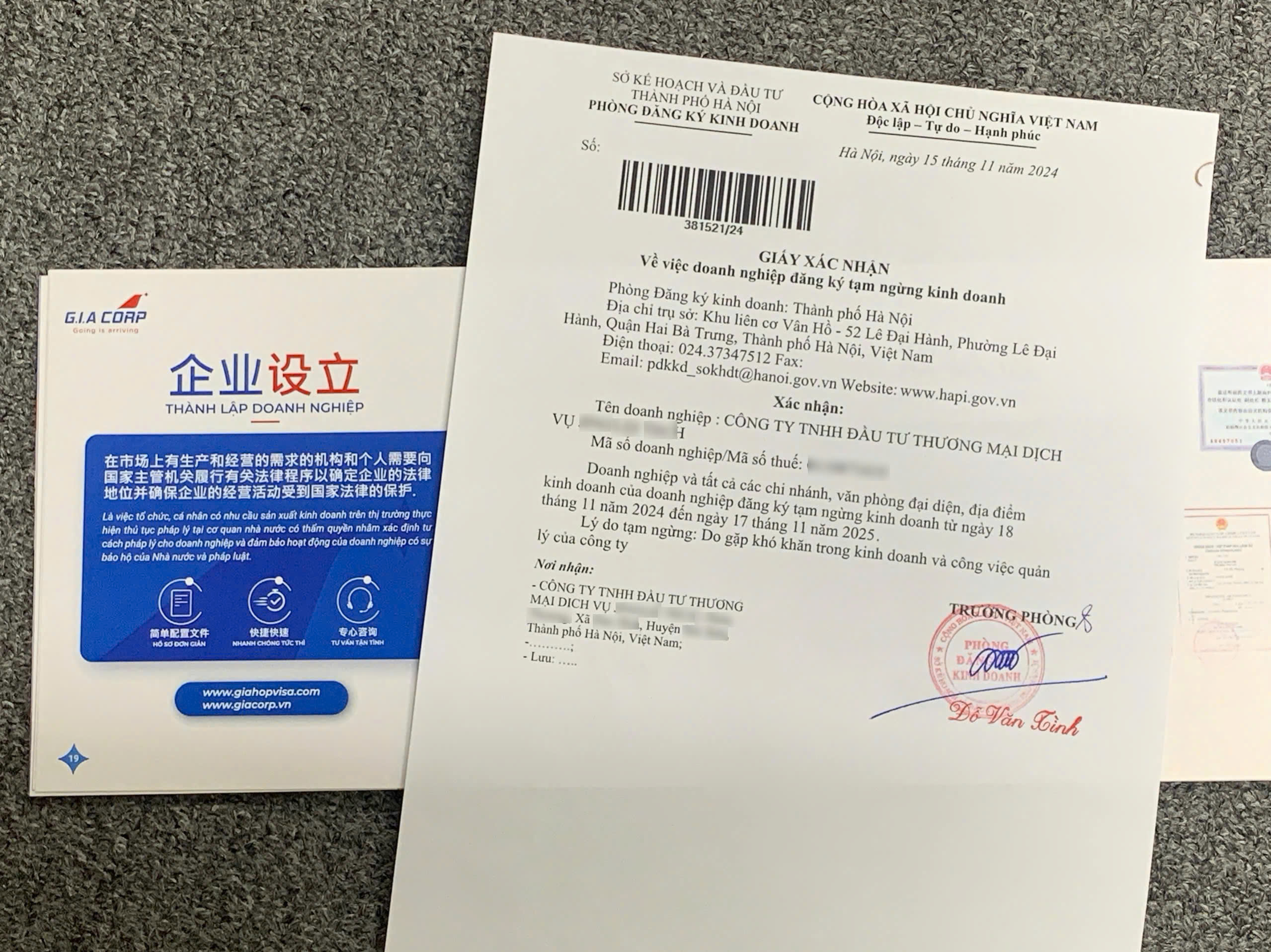 Giấy tạm dừng hoạt động kinh doanh - Công Ty Cổ Phần Dịch Vụ Quốc Tế Gia Corp