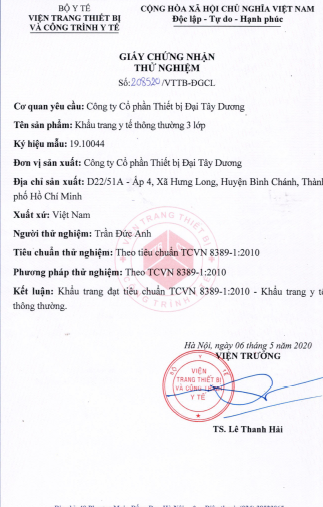 Chứng nhận thử nghiệm KQ 208520 - Khẩu Trang Y Tế Dr. Lộc - Công Ty TNHH Quốc Tế Hà Khánh