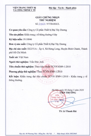 Chứng nhận thử nghiệm KQ 208620 - Khẩu Trang Y Tế Dr. Lộc - Công Ty TNHH Quốc Tế Hà Khánh
