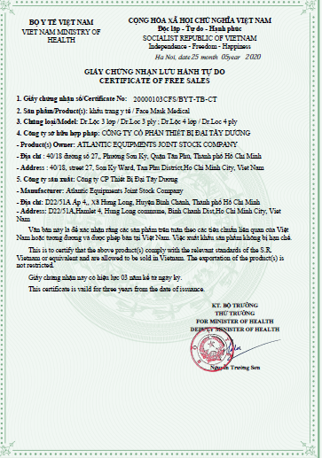 Chứng nhận lưu hành tự do - Khẩu Trang Y Tế Dr. Lộc - Công Ty TNHH Quốc Tế Hà Khánh