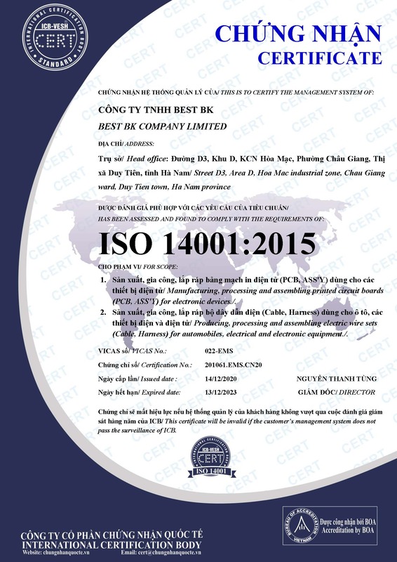 Chứng nhận ISO 14001:2015 - Linh Kiện Điện Tử Best BK - Công Ty TNHH Best BK