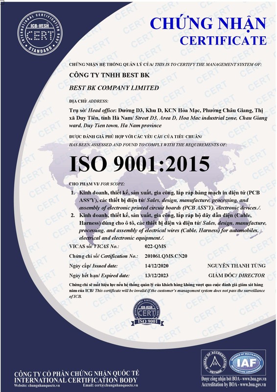 Chứng nhận ISO 9001:2015 - Linh Kiện Điện Tử Best BK - Công Ty TNHH Best BK