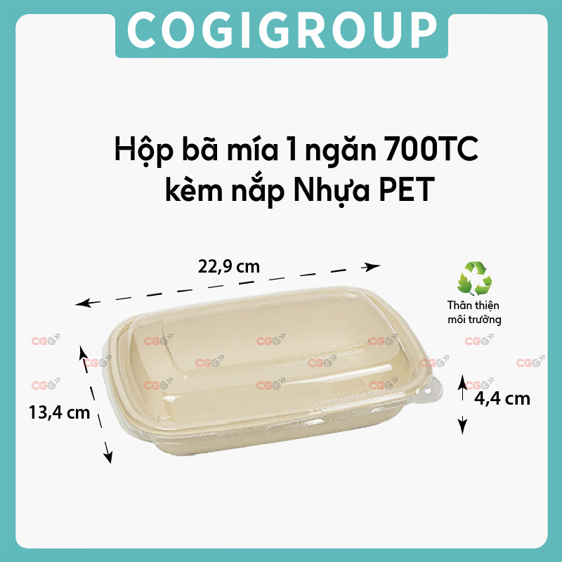 Hộp bã mía 1 ngăn nắp PET 700ml