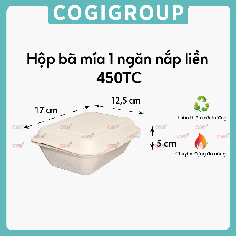 Hộp bã mía 1 ngăn nắp liền 450ml