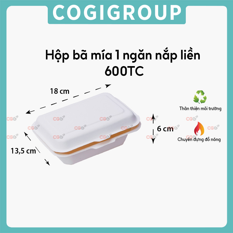 Hộp bã mía 1 ngăn nắp liền 600ml