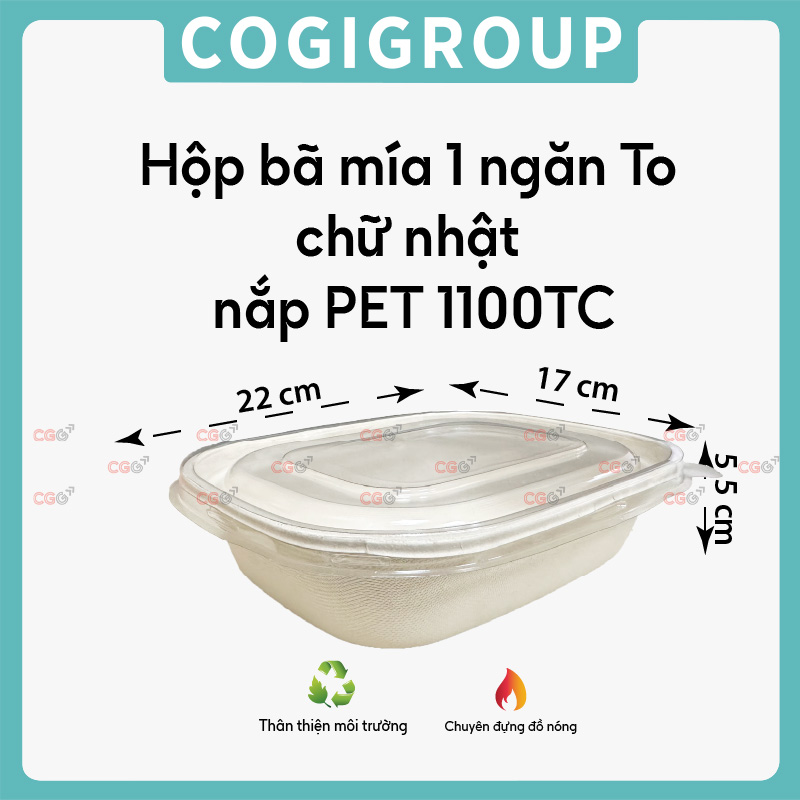 Hộp bã mía 1 ngăn nắp PET 1100TC