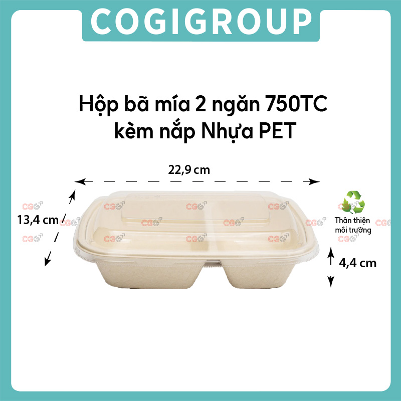 Hộp bã mía 2 ngăn nắp PET 750ml