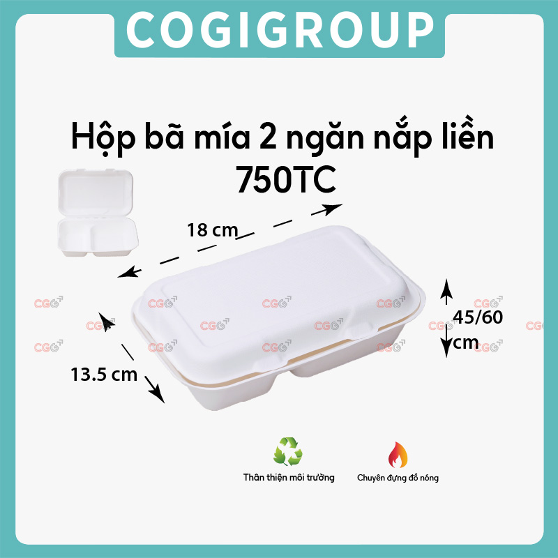 Hộp bã mía 2 ngăn nắp liền 750TC