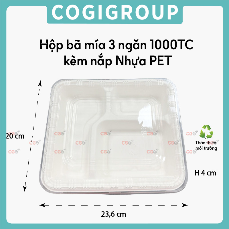Hộp bã mía 3 ngăn nắp PET 1000ml