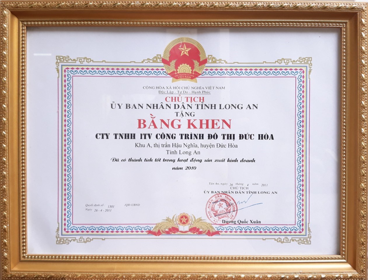 Bằng khen UBND tỉnh năm 2010 - Dịch Vụ Môi Trường Đức Hòa - Công Ty Cổ Phần Đô Thị Đức Hòa