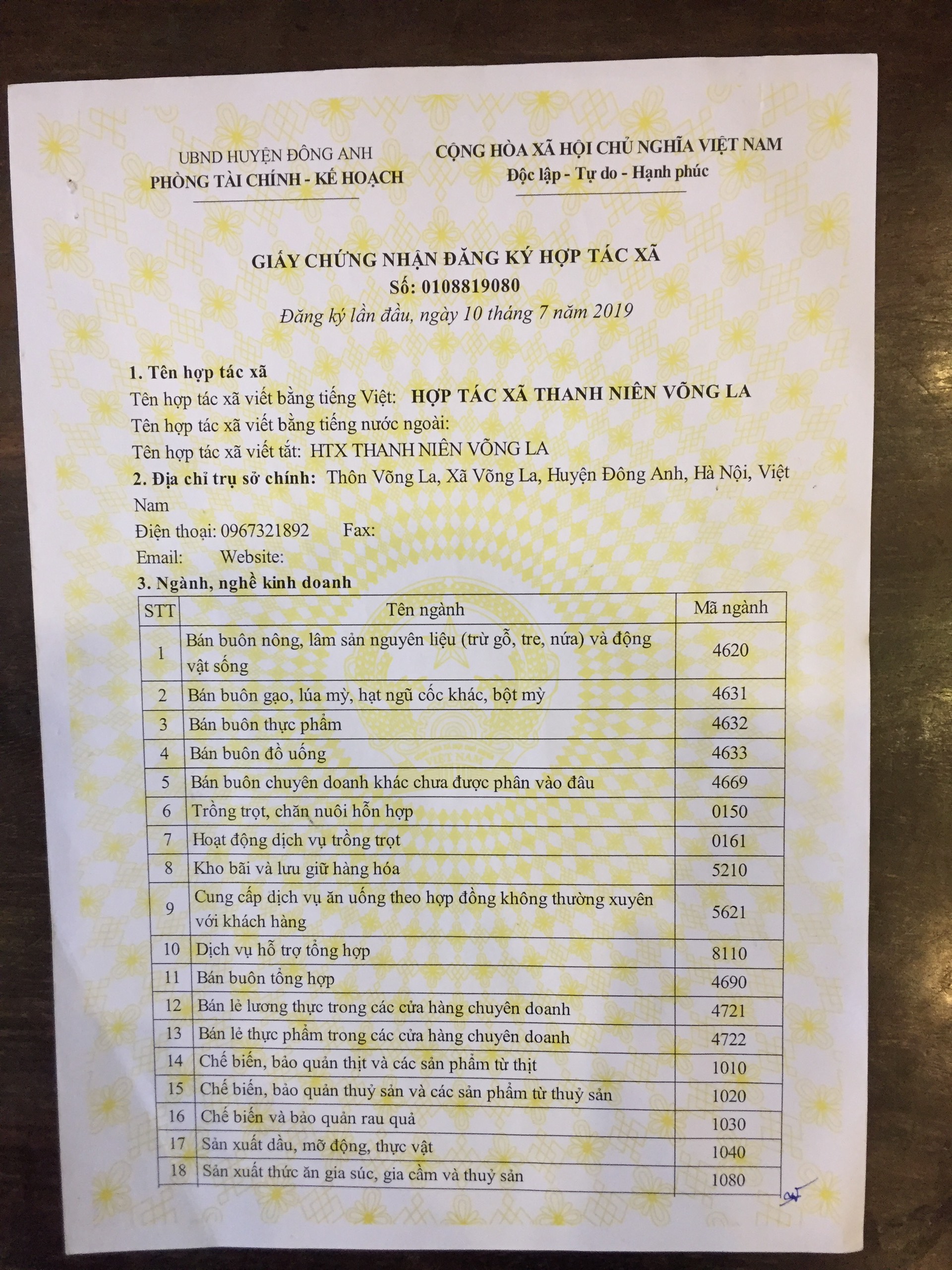 Giấy chứng nhận - Đậu Phụ Làng Chài Võng La - Hợp Tác Xã Thanh Niên Võng La