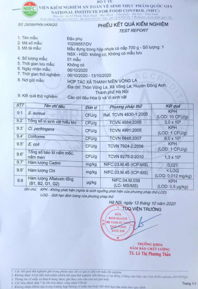 Giấy kiểm định - Đậu Phụ Làng Chài Võng La - Hợp Tác Xã Thanh Niên Võng La