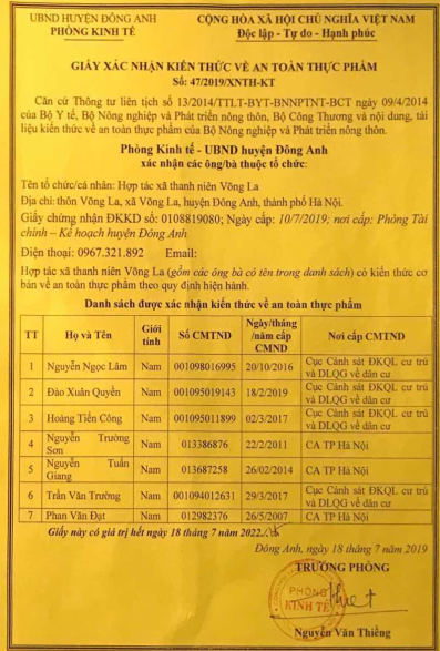 Giấy kiểm định - Đậu Phụ Làng Chài Võng La - Hợp Tác Xã Thanh Niên Võng La