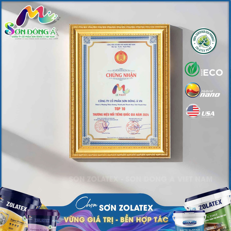 Chứng nhận top 10 thương hiệu nổi tiếng năm 2024 - Sơn Đông á VN  - Công Ty Cổ Phần Sơn Đông á VN